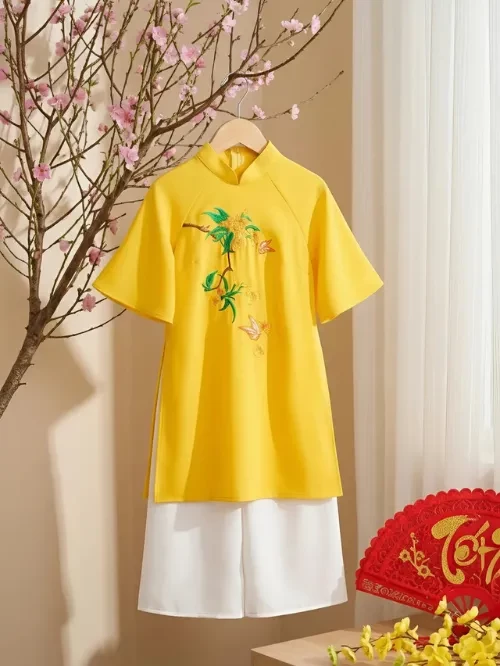 Set áo dài thêu hoa bé gái YDX043-5