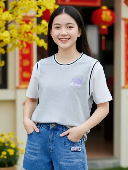 Áo thun nữ trang trí tay viền phối EAX034-5