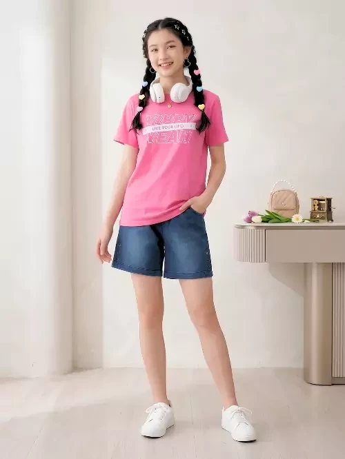 Quần short Jean bé gái in hình trái tim EQX002-6