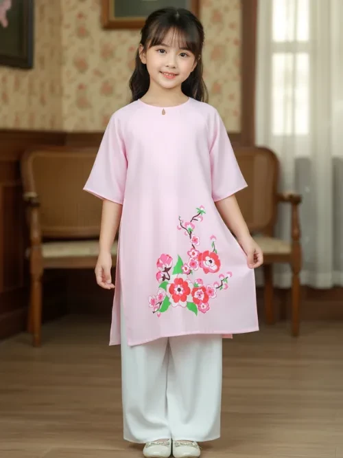 Bộ áo dài tết bé gái họa tiết Hoa Xuân YDX038-5
