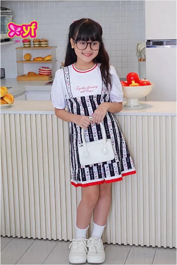 Đầm bé gái giả yếm phối sọc