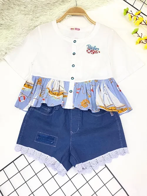 Quần short BG phối lai ren màu xanh YQX101-5