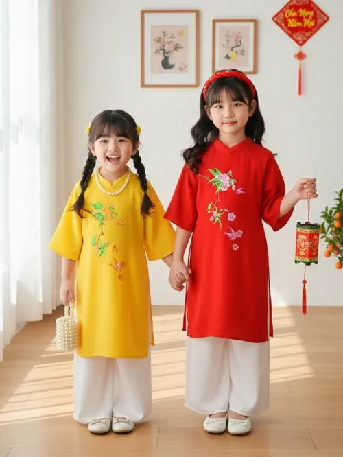 Set áo dài thêu hoa bé gái YDX043-5