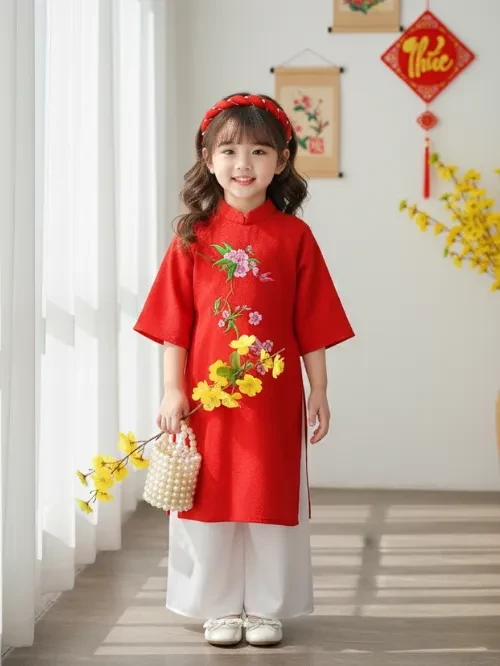 Set áo dài thêu hoa bé gái YDX043-5