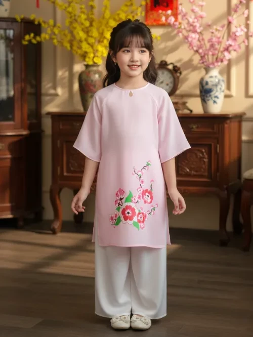 Bộ áo dài tết bé gái họa tiết Hoa Xuân YDX038-5