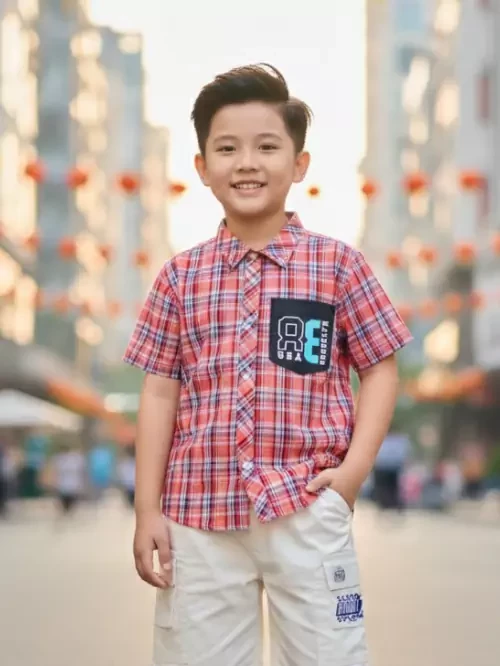 Áo sơ mi bé trai trang trí caro