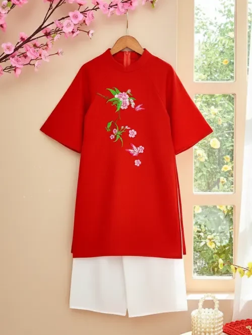 Set áo dài thêu hoa bé gái YDX043-5