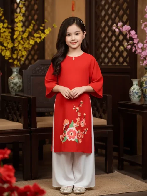 Bộ áo dài tết bé gái họa tiết Hoa Xuân YDX038-5